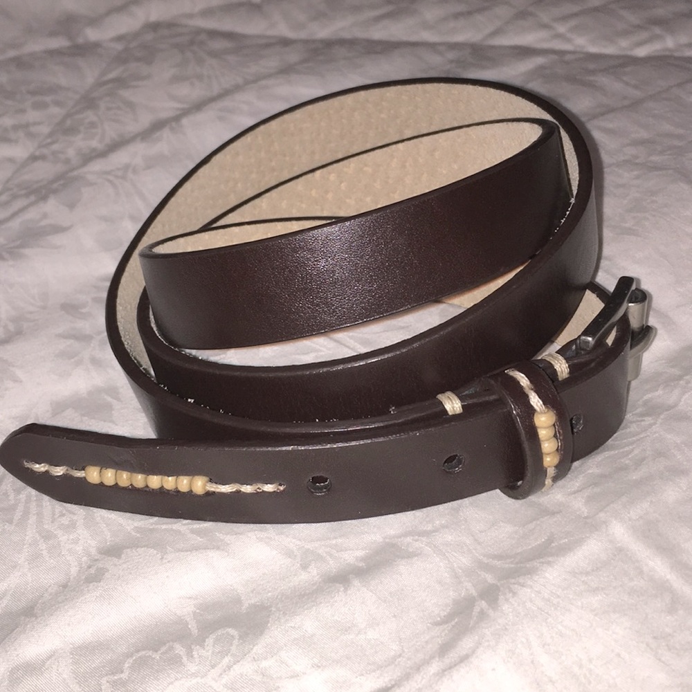Columbia skinny leather DARK brown unisex belt w wood bead accent L 36-38 NEW